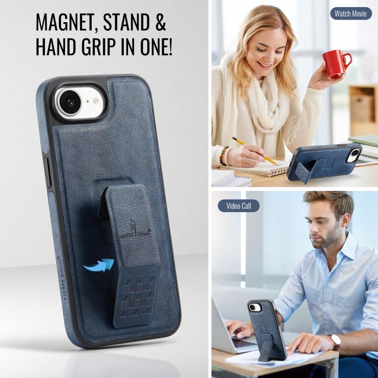 For iPhone 16e Fierre Shann Oil Wax Cow Leather Holder Back Phone Case(Blue) - iPhone 16e Cases by FIERRE SHANN | Online Shopping UK | buy2fix