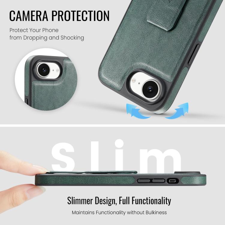 For iPhone 16e Fierre Shann Oil Wax Cow Leather Holder Back Phone Case(Green) - iPhone 16e Cases by FIERRE SHANN | Online Shopping UK | buy2fix