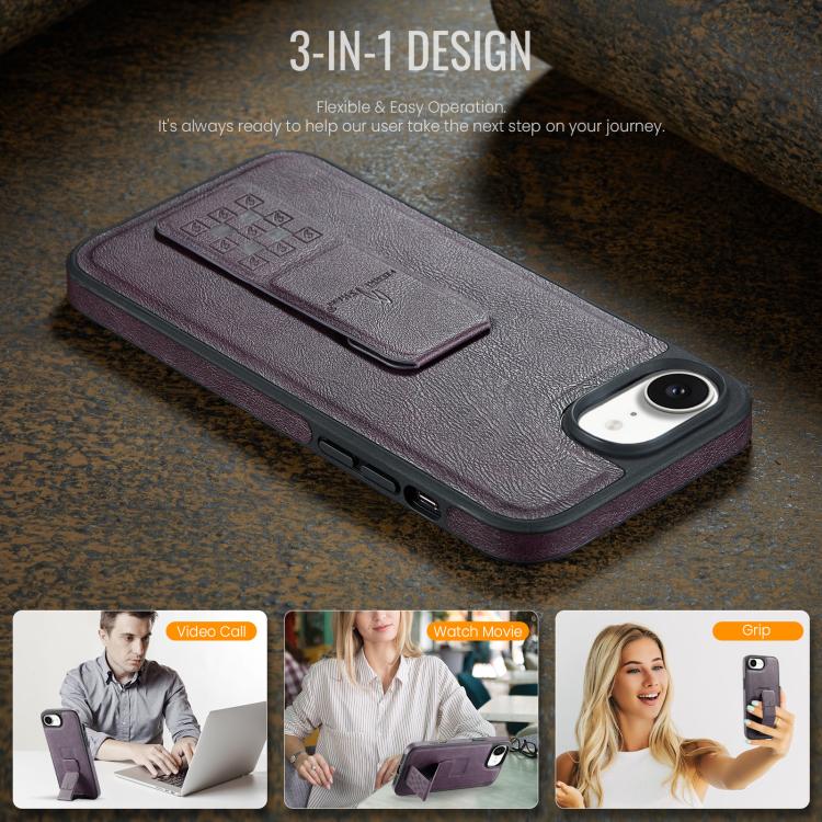 For iPhone 16e Fierre Shann Oil Wax Cow Leather Holder Back Phone Case(Purple) - iPhone 16e Cases by FIERRE SHANN | Online Shopping UK | buy2fix