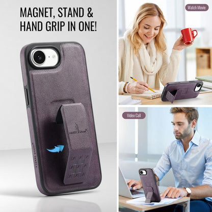 For iPhone 16e Fierre Shann Oil Wax Cow Leather Holder Back Phone Case(Purple) - iPhone 16e Cases by FIERRE SHANN | Online Shopping UK | buy2fix