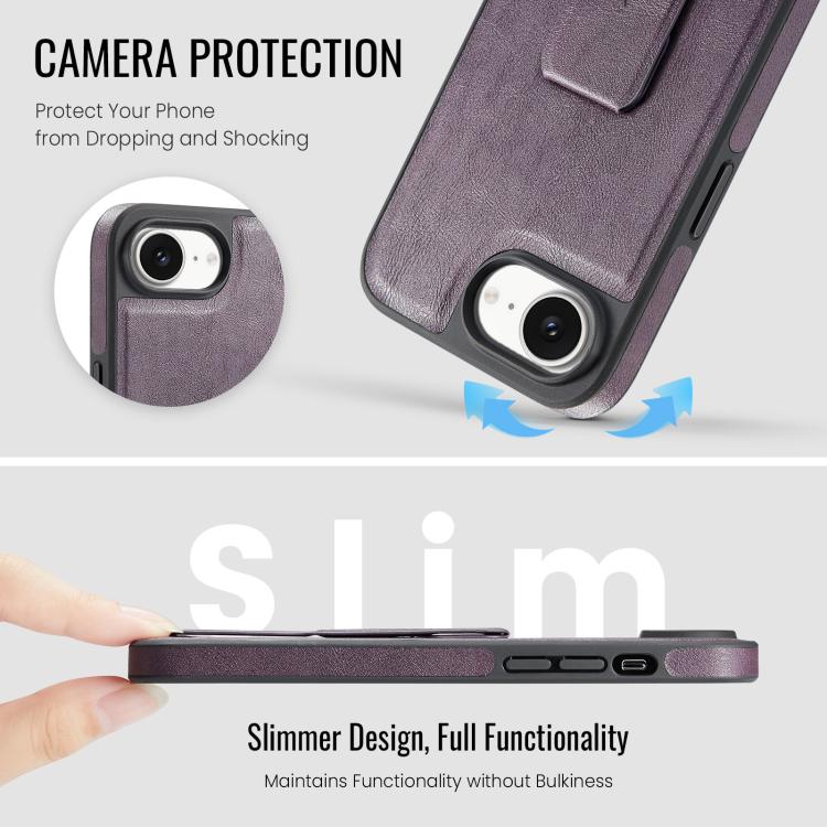 For iPhone 16e Fierre Shann Oil Wax Cow Leather Holder Back Phone Case(Purple) - iPhone 16e Cases by FIERRE SHANN | Online Shopping UK | buy2fix