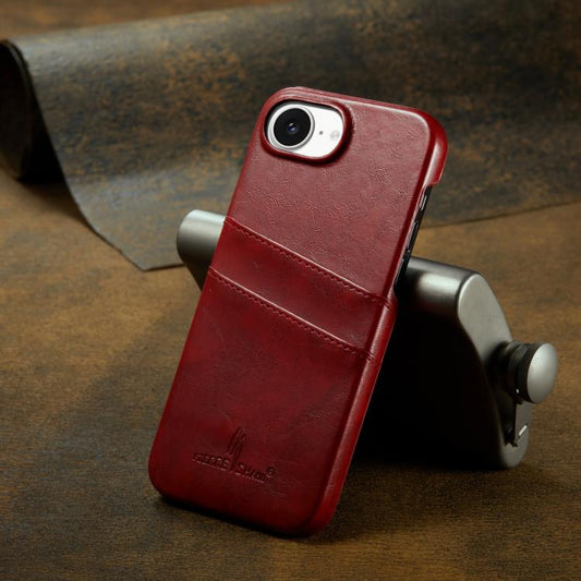 For iPhone 16e Fierre Shann Retro Oil Wax Texture Card Slots PU Leather Phone Case(Red) - iPhone 16e Cases by FIERRE SHANN | Online Shopping UK | buy2fix