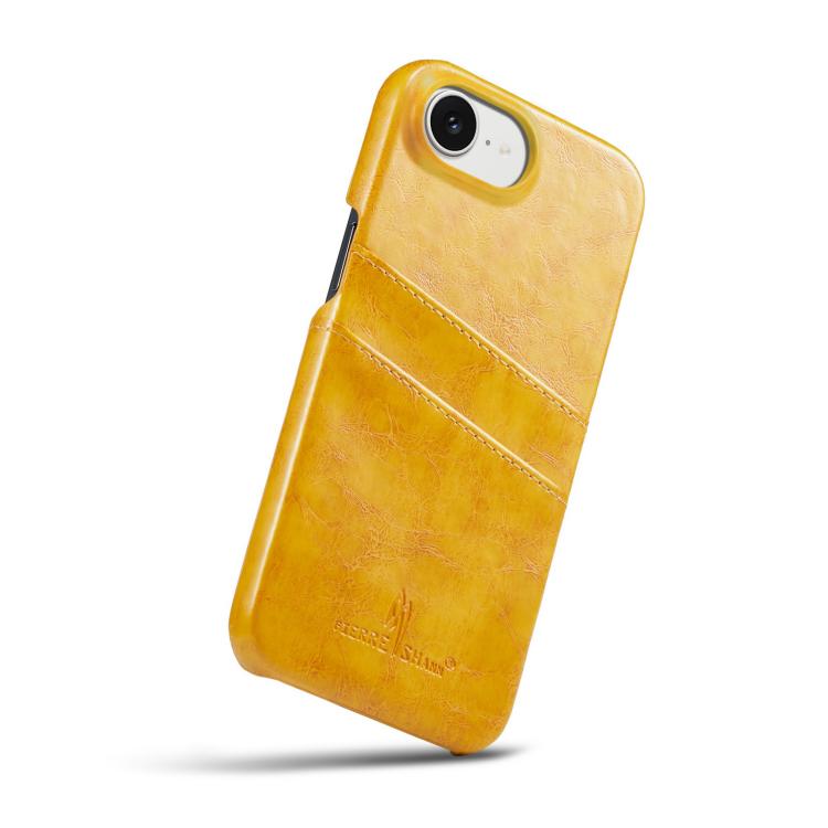 For iPhone 16e Fierre Shann Retro Oil Wax Texture Card Slots PU Leather Phone Case(Yellow) - iPhone 16e Cases by FIERRE SHANN | Online Shopping UK | buy2fix
