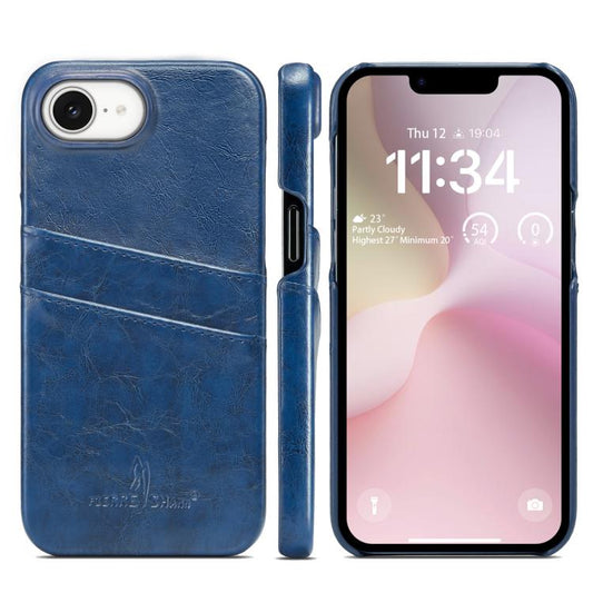 For iPhone 16e Fierre Shann Retro Oil Wax Texture Card Slots PU Leather Phone Case(Blue) - iPhone 16e Cases by FIERRE SHANN | Online Shopping UK | buy2fix