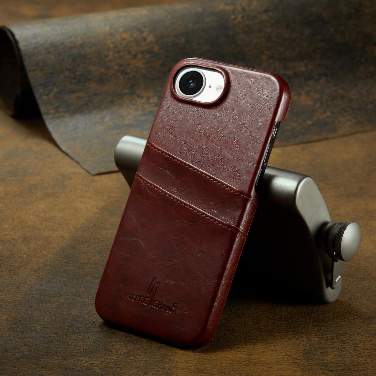 For iPhone 16e Fierre Shann Retro Oil Wax Texture Card Slots PU Leather Phone Case(Brown) - iPhone 16e Cases by FIERRE SHANN | Online Shopping UK | buy2fix