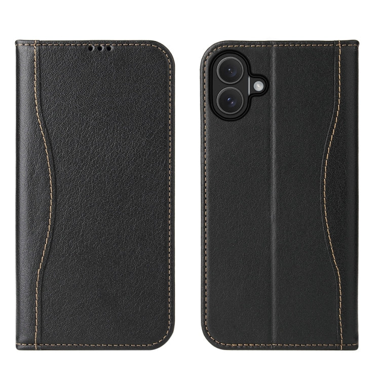 For iPhone 16 Plus Fierre Shann Cowhide Leather Flip Leather Phone Case(Black) by FIERRE SHANN