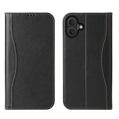 For iPhone 16 Plus Fierre Shann Cowhide Leather Flip Leather Phone Case(Black) by FIERRE SHANN