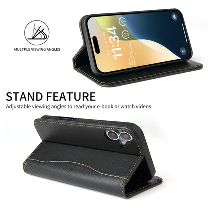 For iPhone 16 Plus Fierre Shann Cowhide Leather Flip Leather Phone Case(Black) by FIERRE SHANN