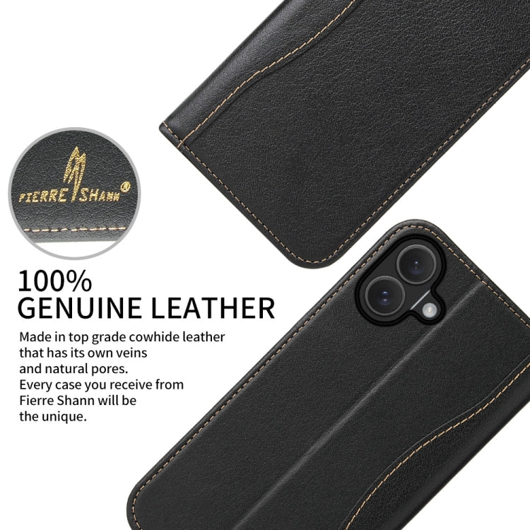 For iPhone 16 Plus Fierre Shann Cowhide Leather Flip Leather Phone Case(Black) by FIERRE SHANN