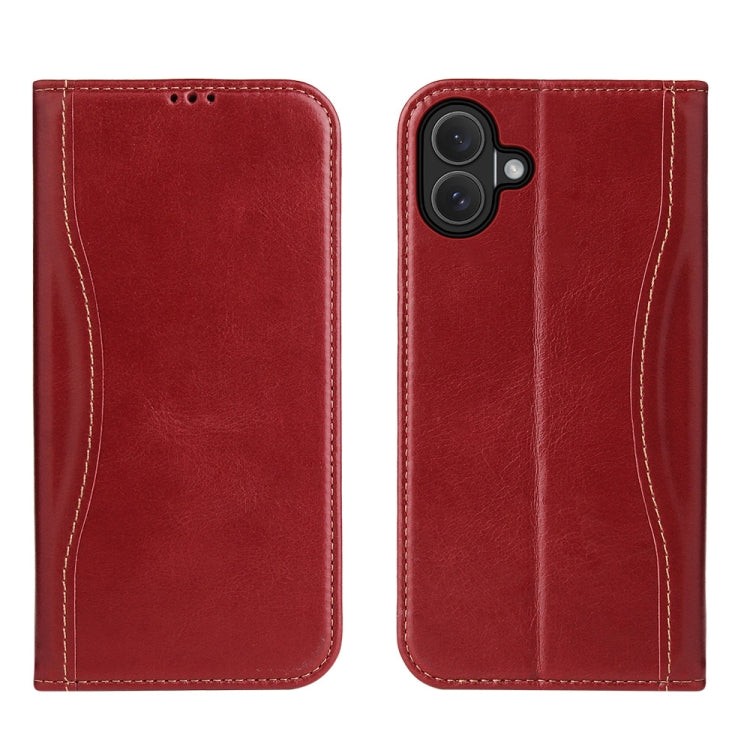For iPhone 16 Plus Fierre Shann Cowhide Leather Flip Leather Phone Case(Red) by FIERRE SHANN