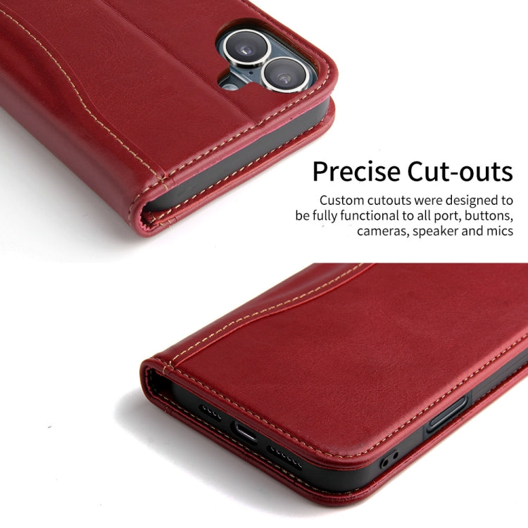 For iPhone 16 Plus Fierre Shann Cowhide Leather Flip Leather Phone Case(Red) by FIERRE SHANN