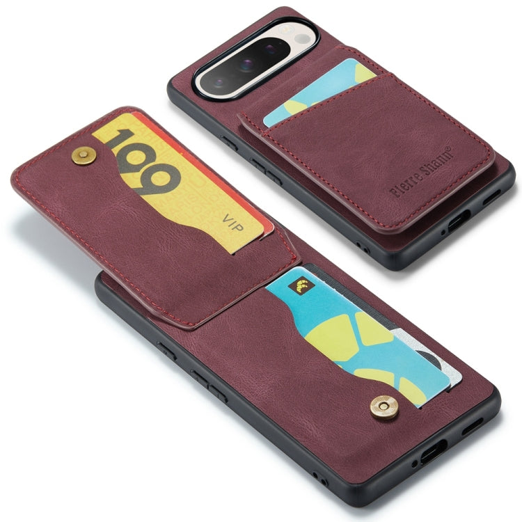 For Google Pixel 9 / 9 Pro Fierre Shann Crazy Horse Card Holder Back Cover PU Phone Case(Wine Red) - Google Cases by FIERRE SHANN | Online Shopping UK | buy2fix
