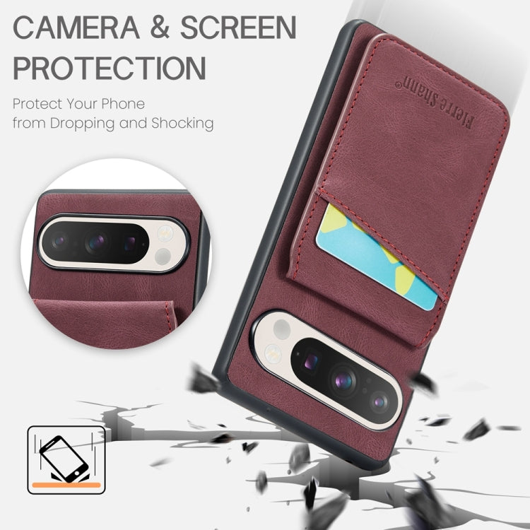 For Google Pixel 9 / 9 Pro Fierre Shann Crazy Horse Card Holder Back Cover PU Phone Case(Wine Red) - Google Cases by FIERRE SHANN | Online Shopping UK | buy2fix