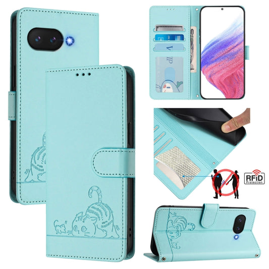 For Google Pixel 9a Cat Rat Embossed Pattern RFID Leather Phone Case with Lanyard(Mint Green) - Google Cases by buy2fix | Online Shopping UK | buy2fix
