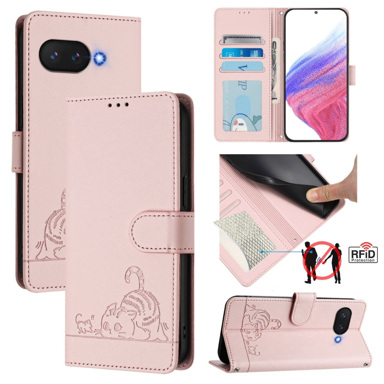 For Google Pixel 9a Cat Rat Embossed Pattern RFID Leather Phone Case with Lanyard(Pink) - Google Cases by buy2fix | Online Shopping UK | buy2fix