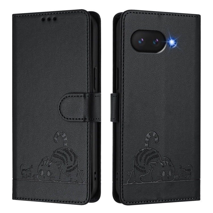 For Google Pixel 9a Cat Rat Embossed Pattern RFID Leather Phone Case with Lanyard(Black) - Google Cases by buy2fix | Online Shopping UK | buy2fix