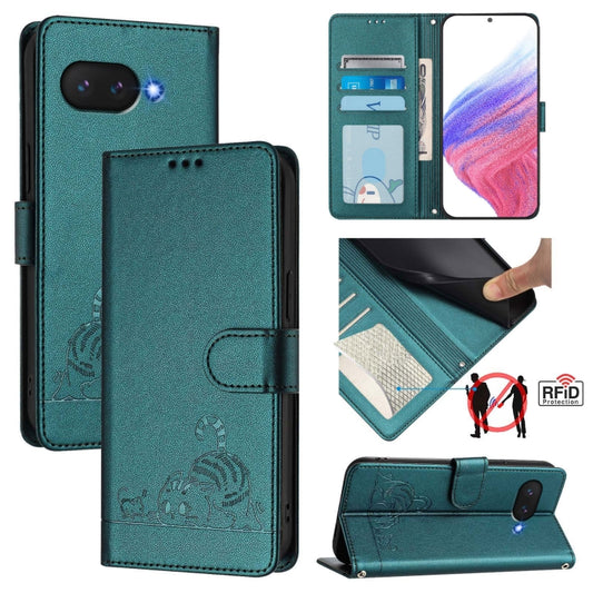 For Google Pixel 9a Cat Rat Embossed Pattern RFID Leather Phone Case with Lanyard(Peacock Green) - Google Cases by buy2fix | Online Shopping UK | buy2fix
