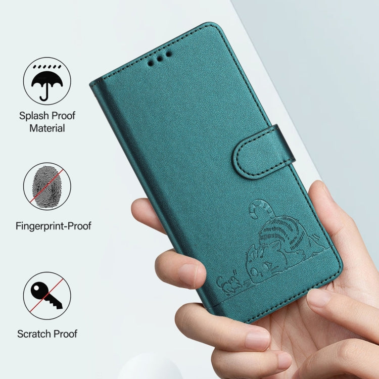 For Google Pixel 9a Cat Rat Embossed Pattern RFID Leather Phone Case with Lanyard(Peacock Green) - Google Cases by buy2fix | Online Shopping UK | buy2fix
