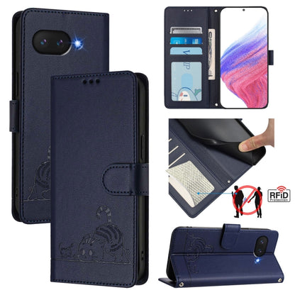 For Google Pixel 9a Cat Rat Embossed Pattern RFID Leather Phone Case with Lanyard(Blue) - Google Cases by buy2fix | Online Shopping UK | buy2fix