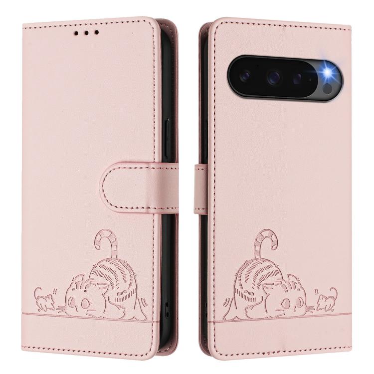 For Google Pixel 10 Pro XL 5G Global Cat Rat Embossed Pattern RFID Leather Phone Case with Lanyard(Pink) - Google Cases by buy2fix | Online Shopping UK | buy2fix