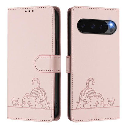 For Google Pixel 10 Pro XL 5G Global Cat Rat Embossed Pattern RFID Leather Phone Case with Lanyard(Pink) - Google Cases by buy2fix | Online Shopping UK | buy2fix