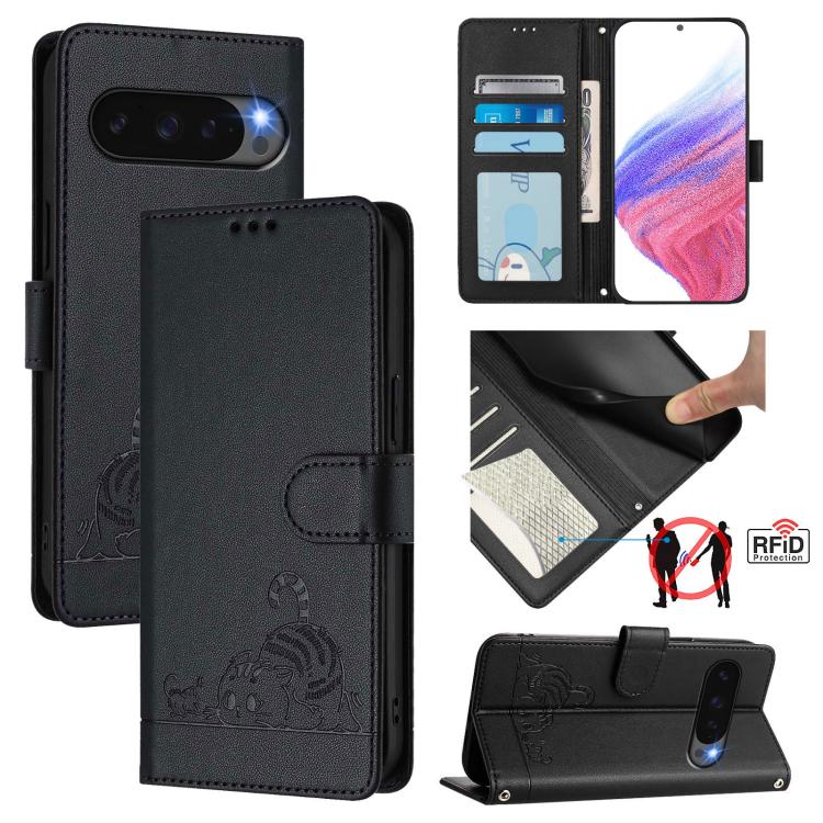 For Google Pixel 10 Pro XL 5G Global Cat Rat Embossed Pattern RFID Leather Phone Case with Lanyard(Black) - Google Cases by buy2fix | Online Shopping UK | buy2fix