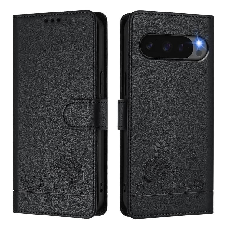 For Google Pixel 10 Pro XL 5G Global Cat Rat Embossed Pattern RFID Leather Phone Case with Lanyard(Black) - Google Cases by buy2fix | Online Shopping UK | buy2fix