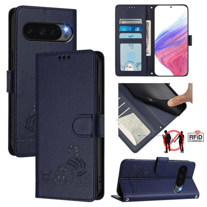 For Google Pixel 10 Pro XL 5G Global Cat Rat Embossed Pattern RFID Leather Phone Case with Lanyard(Blue) - Google Cases by buy2fix | Online Shopping UK | buy2fix