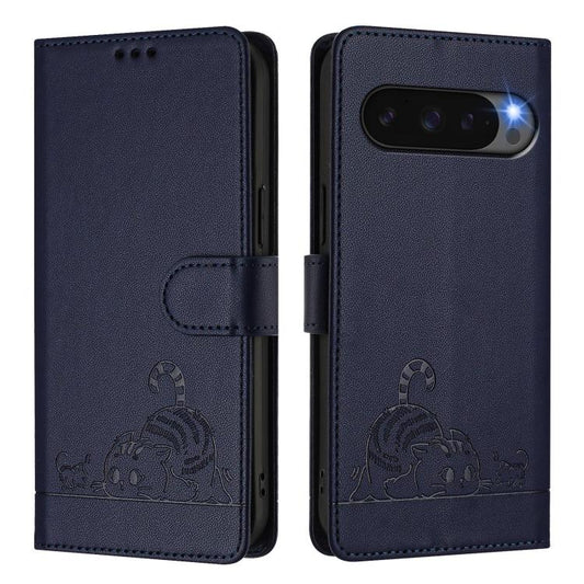For Google Pixel 10 Pro XL 5G Global Cat Rat Embossed Pattern RFID Leather Phone Case with Lanyard(Blue) - Google Cases by buy2fix | Online Shopping UK | buy2fix