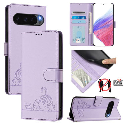For Google Pixel 10 Pro XL 5G Global Cat Rat Embossed Pattern RFID Leather Phone Case with Lanyard(Purple) - Google Cases by buy2fix | Online Shopping UK | buy2fix