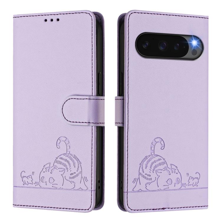 For Google Pixel 10 Pro XL 5G Global Cat Rat Embossed Pattern RFID Leather Phone Case with Lanyard(Purple) - Google Cases by buy2fix | Online Shopping UK | buy2fix
