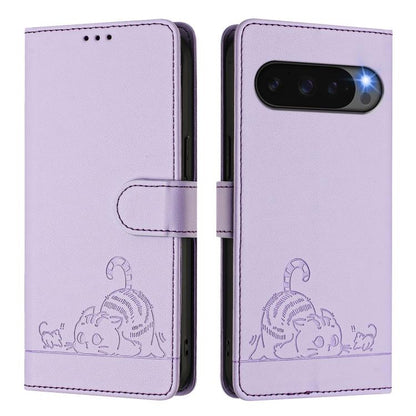 For Google Pixel 10 Pro XL 5G Global Cat Rat Embossed Pattern RFID Leather Phone Case with Lanyard(Purple) - Google Cases by buy2fix | Online Shopping UK | buy2fix