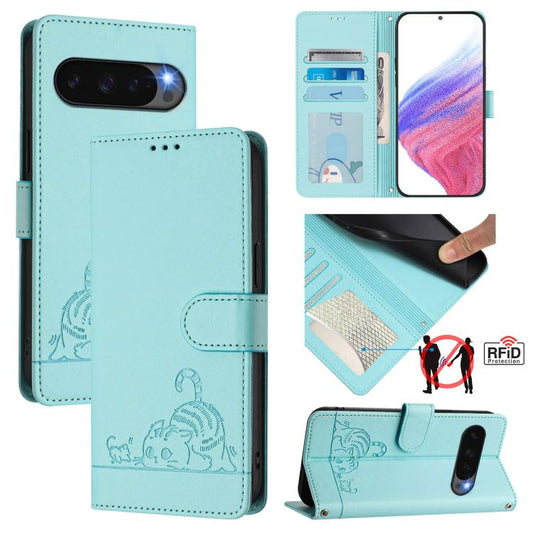 For Google Pixel 10 5G Global Cat Rat Embossed Pattern RFID Leather Phone Case with Lanyard(Mint Green) - Google Cases by buy2fix | Online Shopping UK | buy2fix