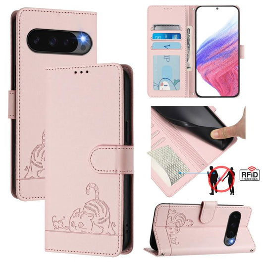 For Google Pixel 10 5G Global Cat Rat Embossed Pattern RFID Leather Phone Case with Lanyard(Pink) - Google Cases by buy2fix | Online Shopping UK | buy2fix