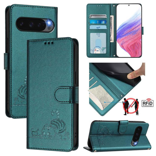 For Google Pixel 10 5G Global Cat Rat Embossed Pattern RFID Leather Phone Case with Lanyard(Peacock Green) - Google Cases by buy2fix | Online Shopping UK | buy2fix