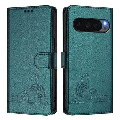 For Google Pixel 10 5G Global Cat Rat Embossed Pattern RFID Leather Phone Case with Lanyard(Peacock Green) - Google Cases by buy2fix | Online Shopping UK | buy2fix