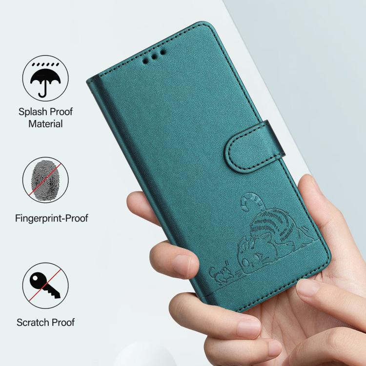 For Google Pixel 10 5G Global Cat Rat Embossed Pattern RFID Leather Phone Case with Lanyard(Peacock Green) - Google Cases by buy2fix | Online Shopping UK | buy2fix