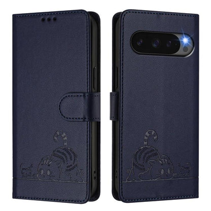 For Google Pixel 10 5G Global Cat Rat Embossed Pattern RFID Leather Phone Case with Lanyard(Blue) - Google Cases by buy2fix | Online Shopping UK | buy2fix
