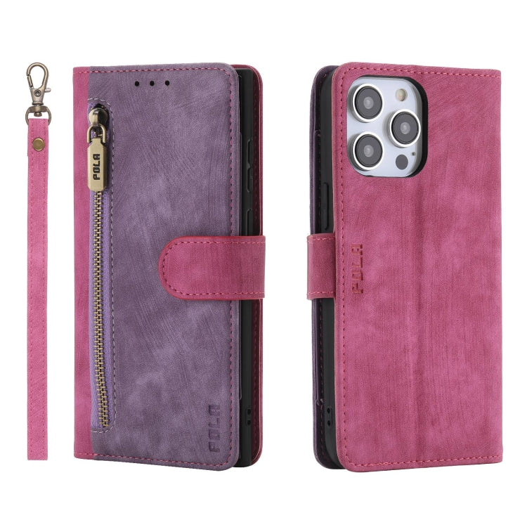 For iPhone 15 Pro POLA Dual-color Zipper Wallet RFID Leather Phone Case(Purple Pink) - iPhone 15 Pro Cases by POLA | Online Shopping UK | buy2fix