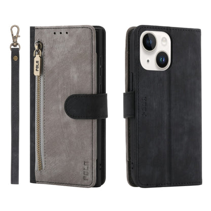 For iPhone 15 Plus POLA Dual-color Zipper Wallet RFID Leather Phone Case(Grey Black) - iPhone 15 Plus Cases by POLA | Online Shopping UK | buy2fix
