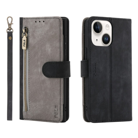 For iPhone 15 Plus POLA Dual-color Zipper Wallet RFID Leather Phone Case(Grey Black) - iPhone 15 Plus Cases by POLA | Online Shopping UK | buy2fix