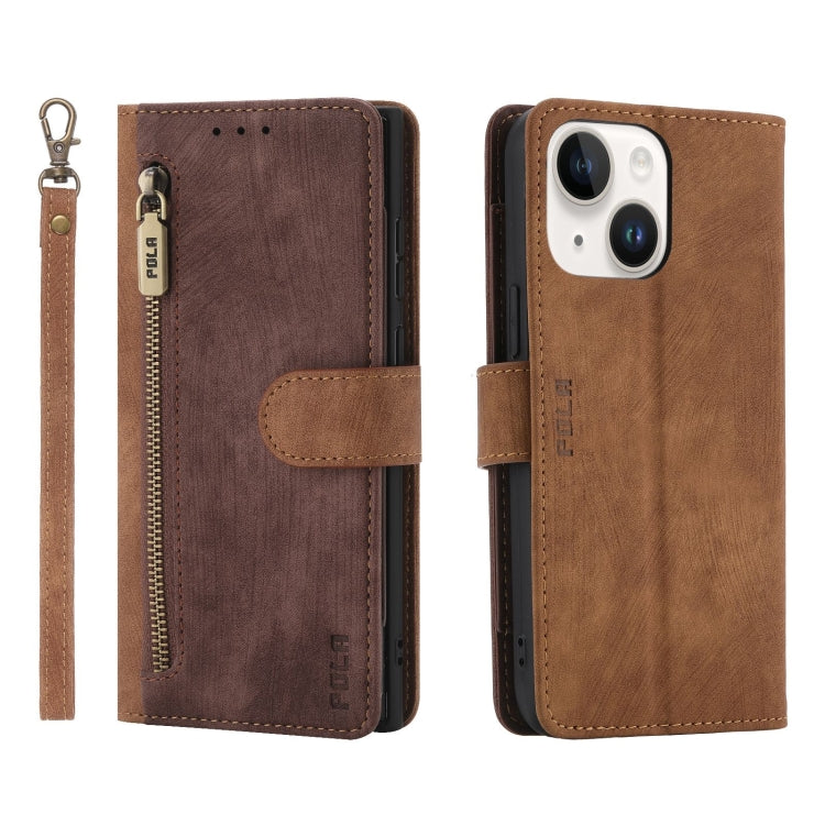 For iPhone 15 POLA Dual-color Zipper Wallet RFID Leather Phone Case(Burgundy Brown) - iPhone 15 Cases by POLA | Online Shopping UK | buy2fix