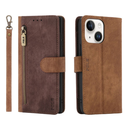 For iPhone 15 POLA Dual-color Zipper Wallet RFID Leather Phone Case(Burgundy Brown) - iPhone 15 Cases by POLA | Online Shopping UK | buy2fix
