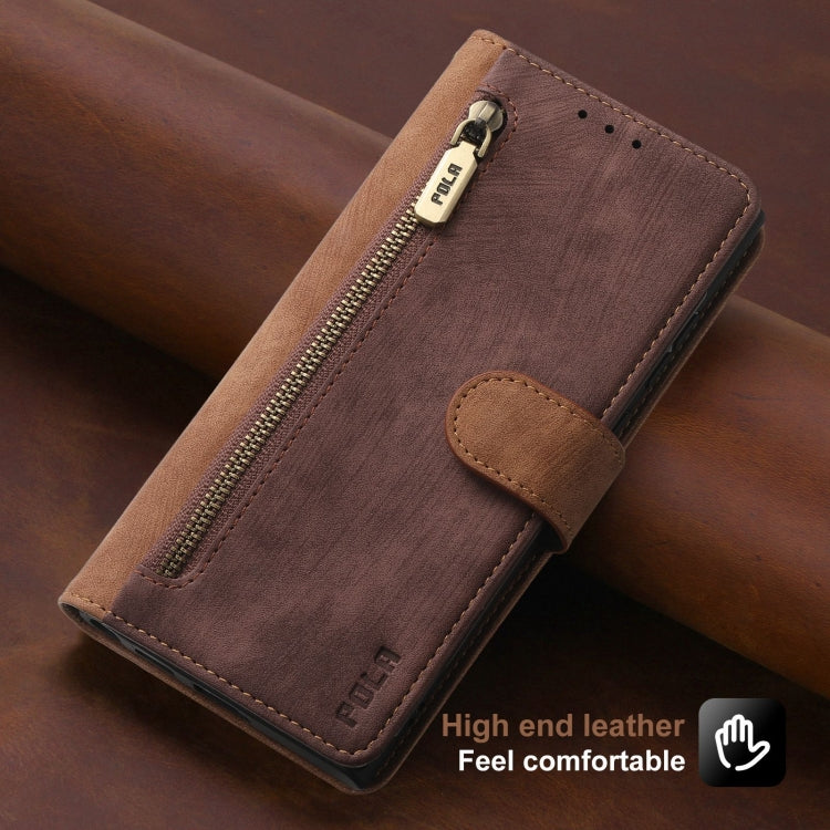 For iPhone 15 POLA Dual-color Zipper Wallet RFID Leather Phone Case(Burgundy Brown) - iPhone 15 Cases by POLA | Online Shopping UK | buy2fix