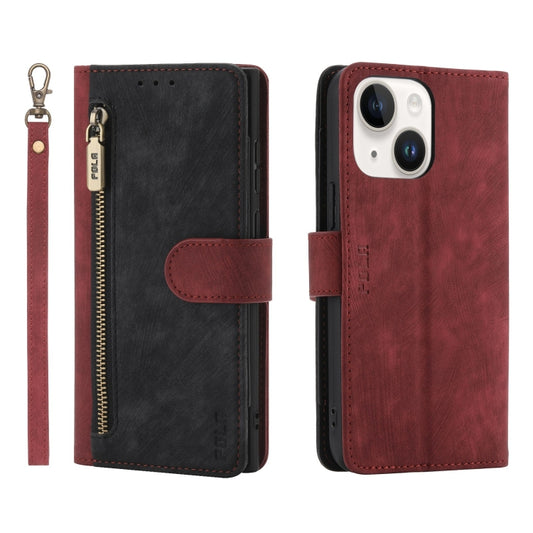 For iPhone 14 Plus POLA Dual-color Zipper Wallet RFID Leather Phone Case(Red Black) - iPhone 14 Plus Cases by POLA | Online Shopping UK | buy2fix