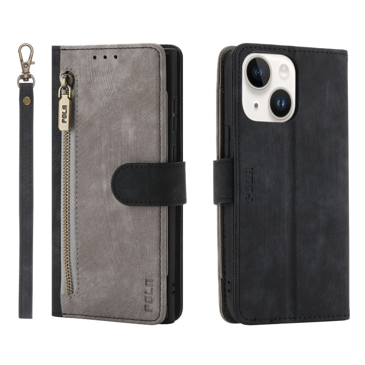 For iPhone 14 POLA Dual-color Zipper Wallet RFID Leather Phone Case(Grey Black) - iPhone 14 Cases by POLA | Online Shopping UK | buy2fix