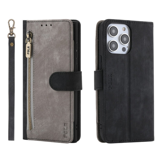 For iPhone 13 Pro POLA Dual-color Zipper Wallet RFID Leather Phone Case(Grey Black) - iPhone 13 Pro Cases by POLA | Online Shopping UK | buy2fix