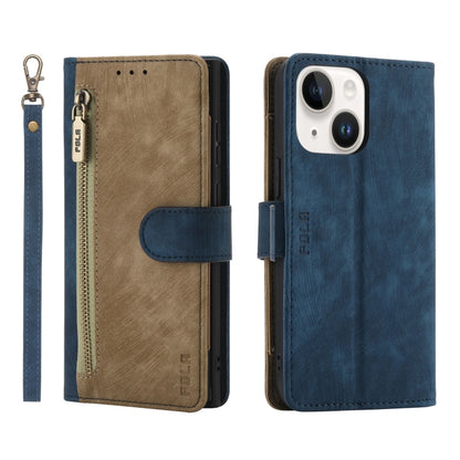 For iPhone 13 POLA Dual-color Zipper Wallet RFID Leather Phone Case(Yellow Blue) - iPhone 13 Cases by POLA | Online Shopping UK | buy2fix