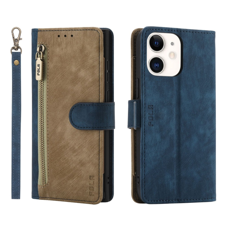 For iPhone 12 / 12 Pro POLA Dual-color Zipper Wallet RFID Leather Phone Case(Yellow Blue) - iPhone 12 / 12 Pro Cases by POLA | Online Shopping UK | buy2fix