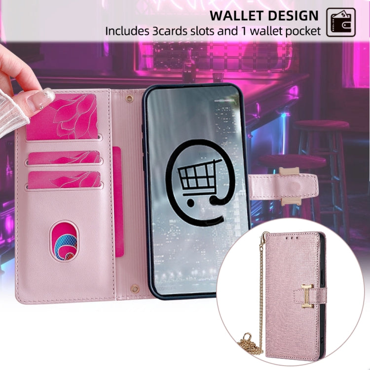 For iPhone 15 Plus POLA Crossbody Chain I-Shape Buckle Sequins Leather Phone Case(Rose Gold) - iPhone 15 Plus Cases by POLA | Online Shopping UK | buy2fix